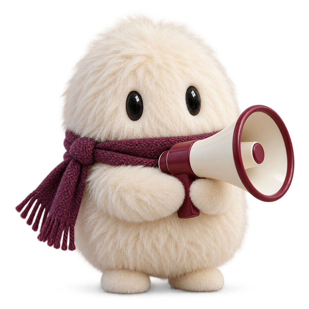 A shaggy cream Ads Manager Shop Bot with a plum scarf and megaphone