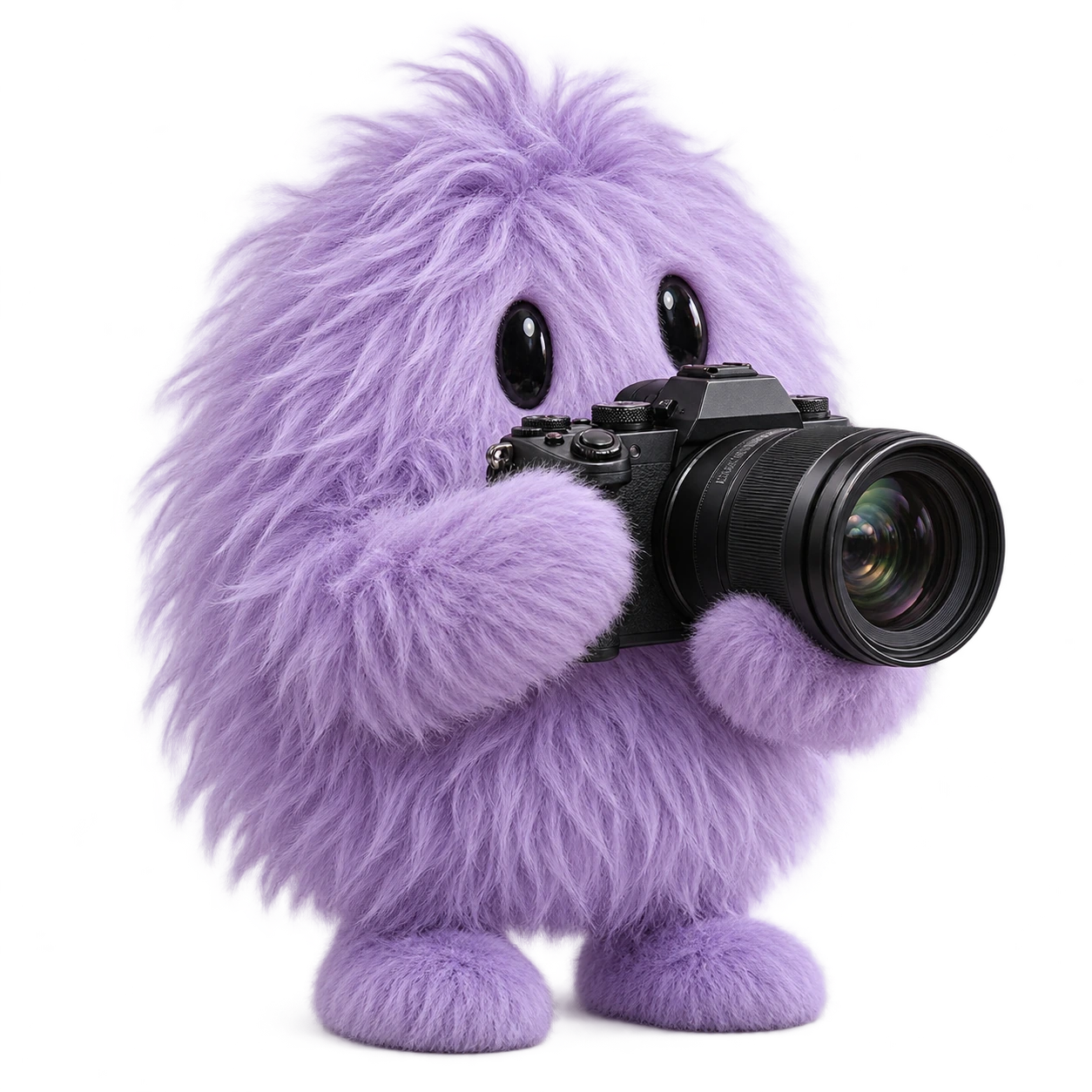 A shaggy lavender Creative Director Shop Bot holding a camera