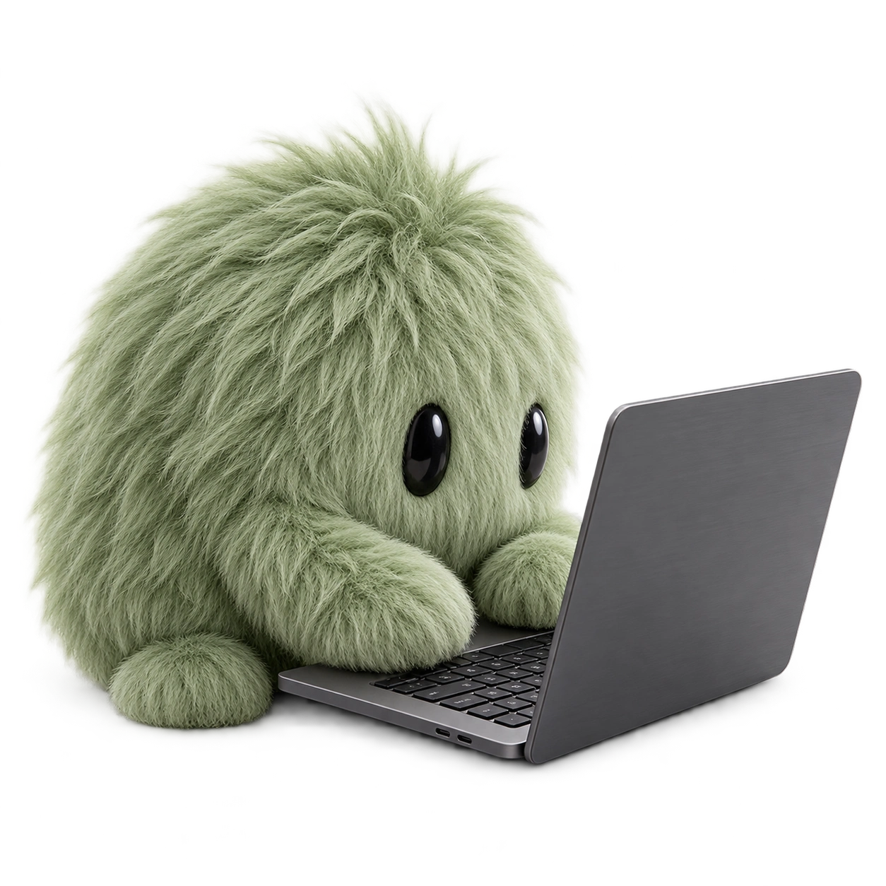 A shaggy sage Ecommerce Manager Shop Bot working on a laptop