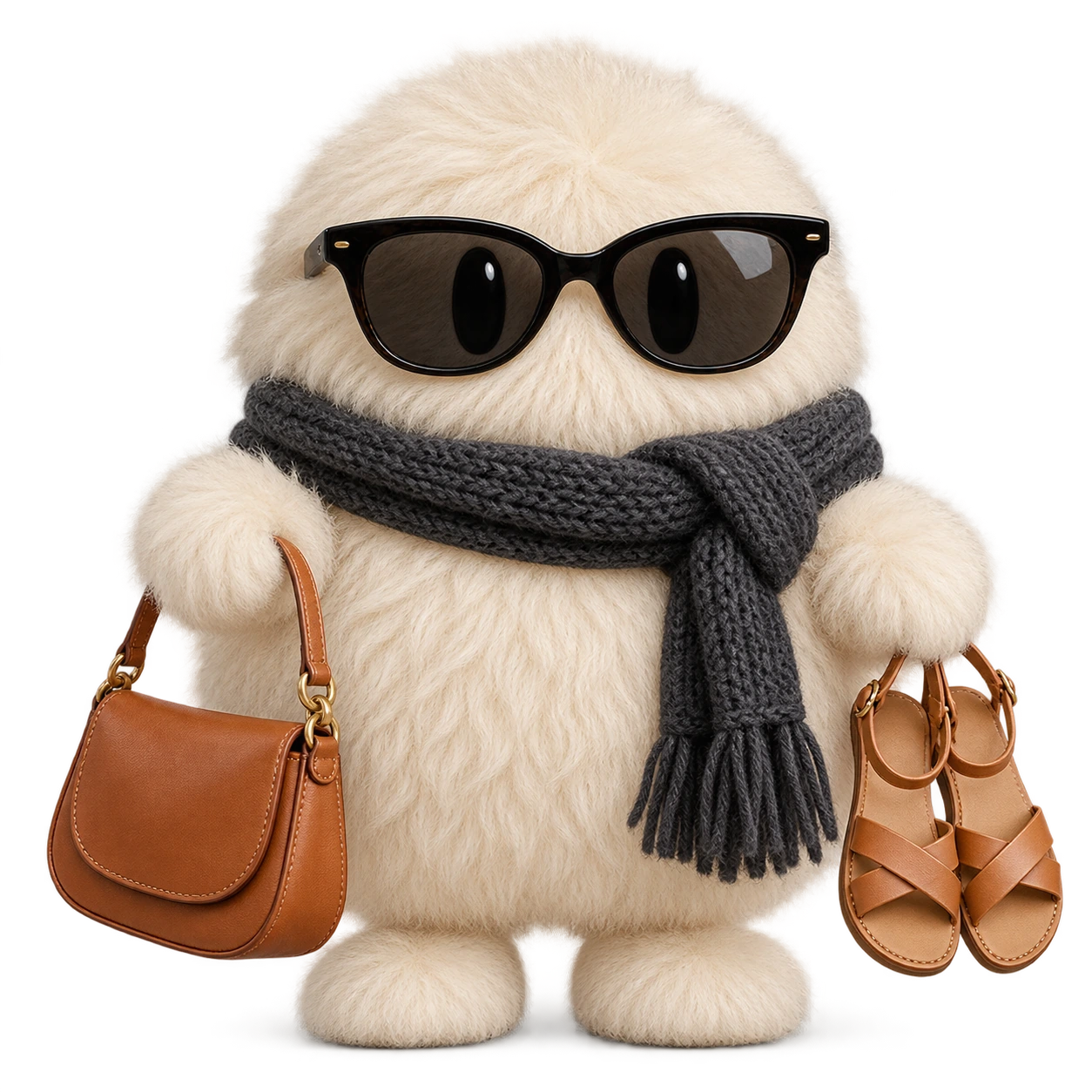 A shaggy cream Personal Shopper Shop Bot with sunglasses and a charcoal scarf holding a bag and sandals